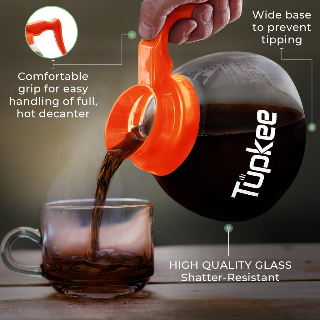Tupkee Glass Replacement Coffee Pot - Shatter-Resistant Commercial Restaurant Decanter Carafe - 64 oz 12 Cup Set of 2-1 Black and 1 Orange Decaf, Comp