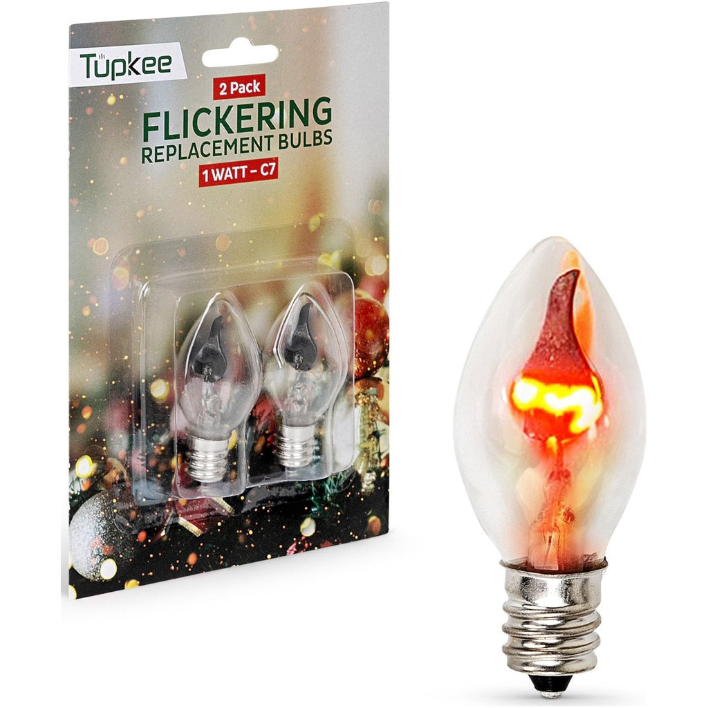 Tupkee C7 Flickering Flame Bulb – 1W, Incandescent Light Bulb with a Orange Glow That Flickers and Dances Up and Down - Replacement for Christmas Candolier Window Candle - 2/Pkg