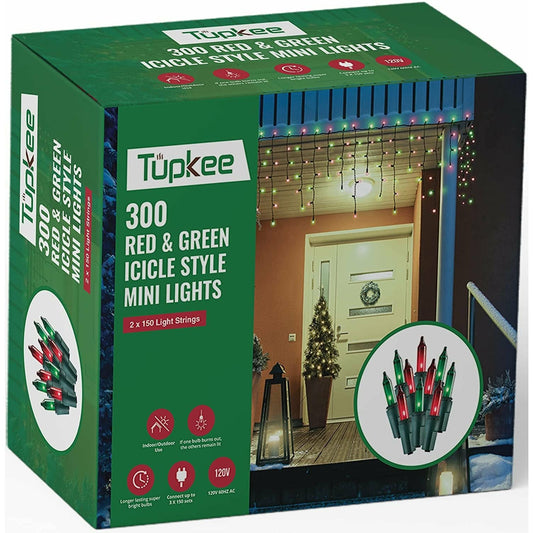 Christmas Green Wire Icicle Lights – Red & Green Incandescent, Icicle Style Mini Lights - 17 Feet, 300 Bulbs, Indoor & Outdoor Christmas Decorations