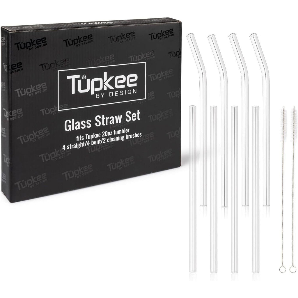 Reusable Glass Straws - 8 Pack Clear Glass Drinking Straws - For Tupkee 20-Ounce Double Wall Glass Travel Tumbler – Includes 4 Straight and 4 Bend 9” x 1cm Glass Straws with 2 Cleaning Brushes