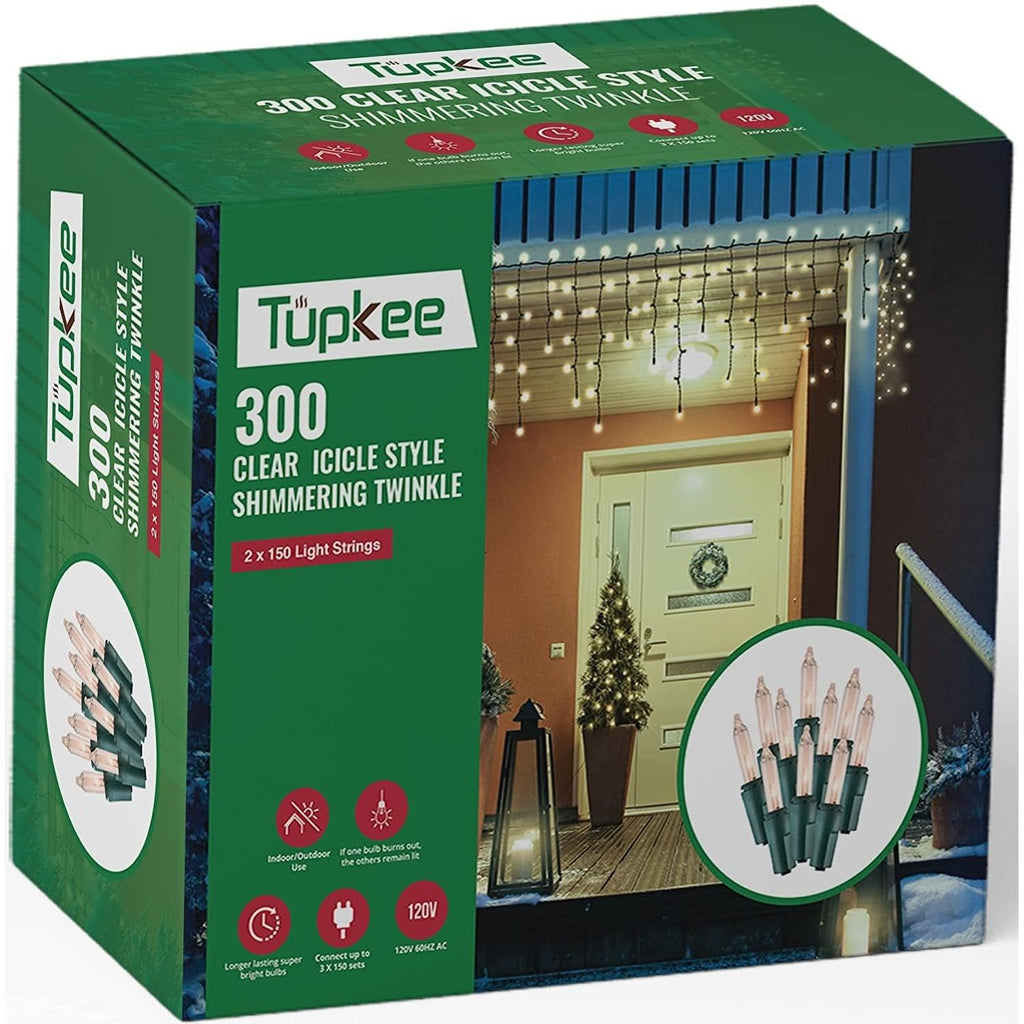 Christmas Icicle Lights – 300 Clear Bulbs - Random Shimmering Twinkle Lights - 12 of 100 Bulbs Twinkle - 17 Feet Incandescent, Icicle Style Mini Lights - Indoor & Outdoor Christmas Decorations