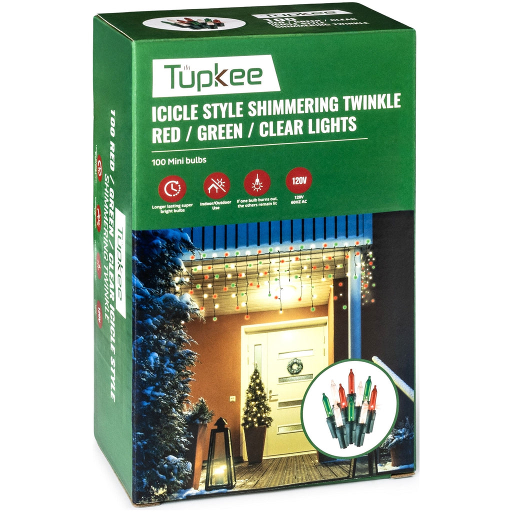 Christmas Icicle Lights 100 Red, Green & Clear Bulbs - Random Shimmering Twinkle Lights - 12 of 100 Bulbs Twinkle - 7 Feet, Icicle Style Mini Lights - Indoor & Outdoor Christmas Decorations