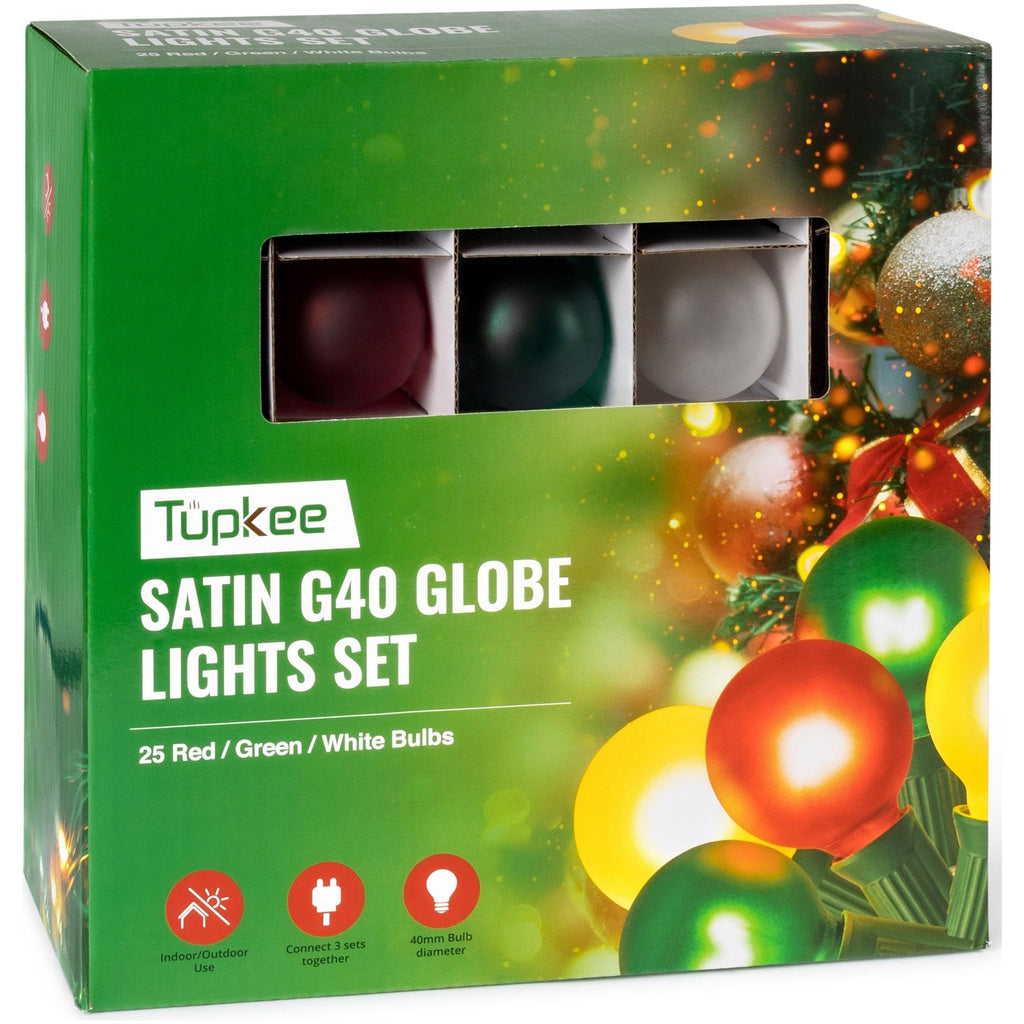 G40 Satin Globe Lights Set – 25 Red, Green & Clear Bulbs - Indoor Outdoor – 25 Feet Light String - Christmas Tree Holiday Decor Hanging Garden Backyard Patio Christmas Lights